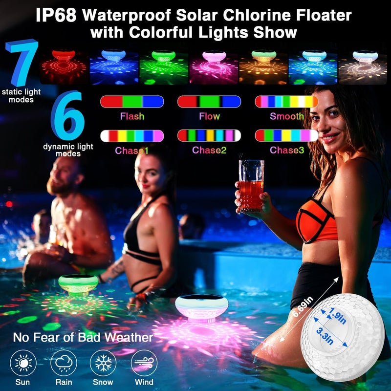 QOLNBY Floating Pool Lights, Solar Pool Chlorine Floater with USB Charging, 6.69 Inch IP68 Waterproof 2600mAh 13 Color Modes Adjustable Pool Chlorine Dispenser Upper and Lower Glow Pool Lights 2 PACK - Image 4